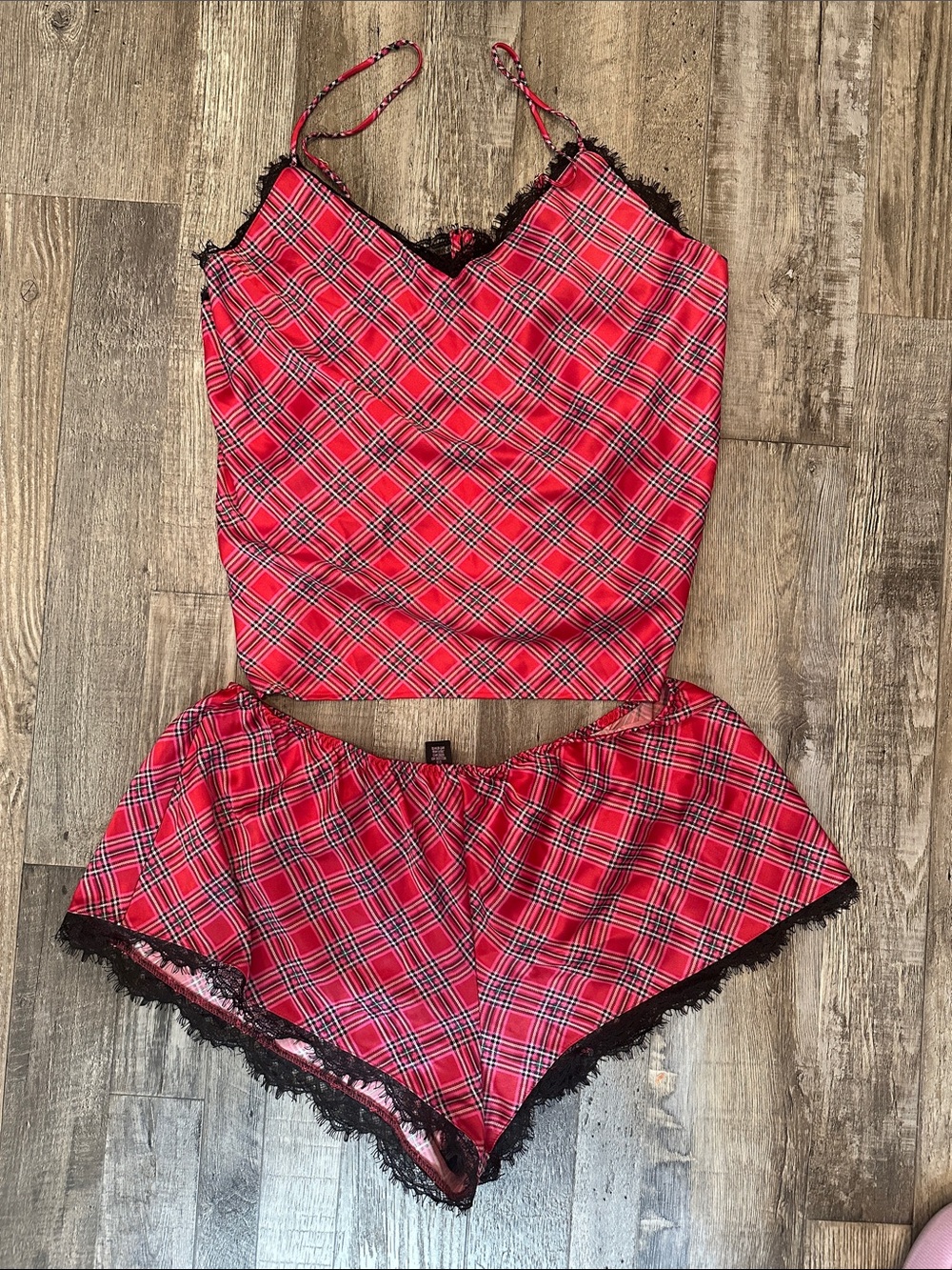 VS Red Plaid Lace-Trim Cami & Short Sleep Set